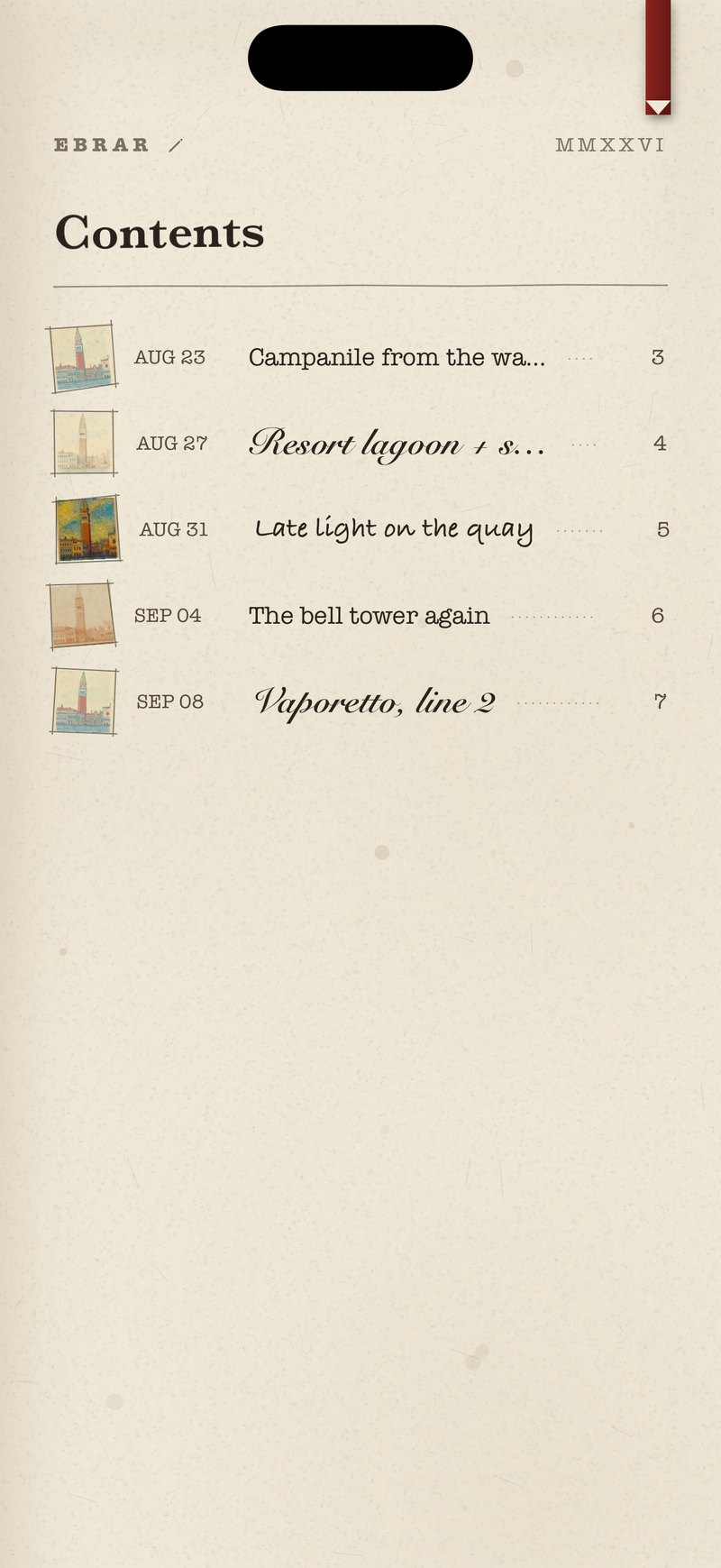 The contents page listing dated entries